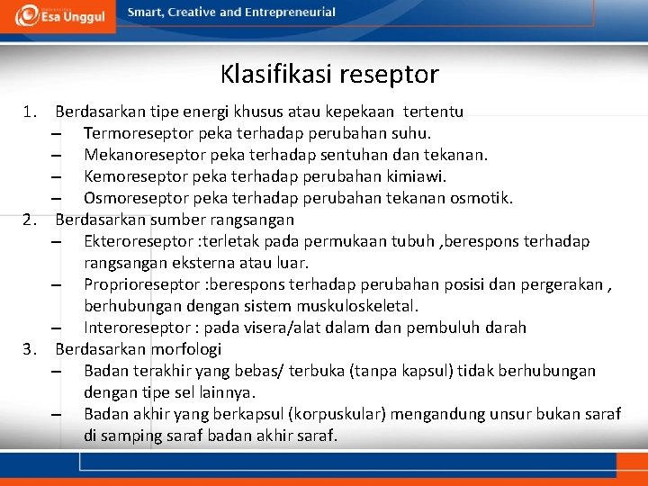 Klasifikasi reseptor 1. Berdasarkan tipe energi khusus atau kepekaan tertentu – Termoreseptor peka terhadap