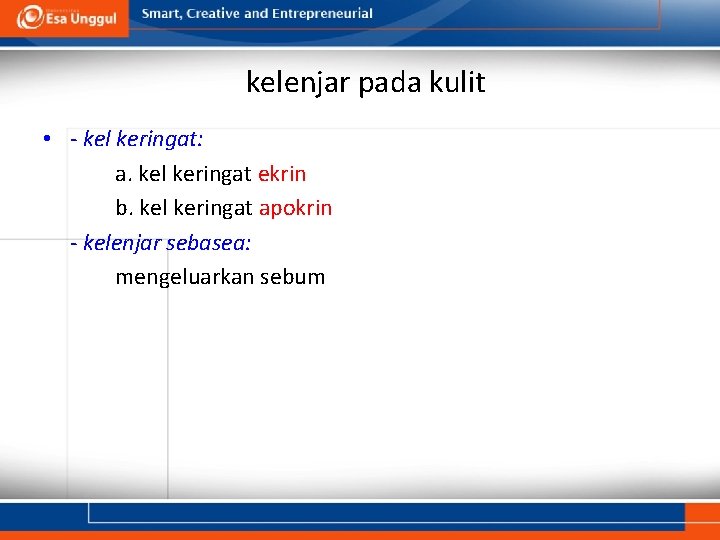 kelenjar pada kulit • - kel keringat: a. kel keringat ekrin b. kel keringat