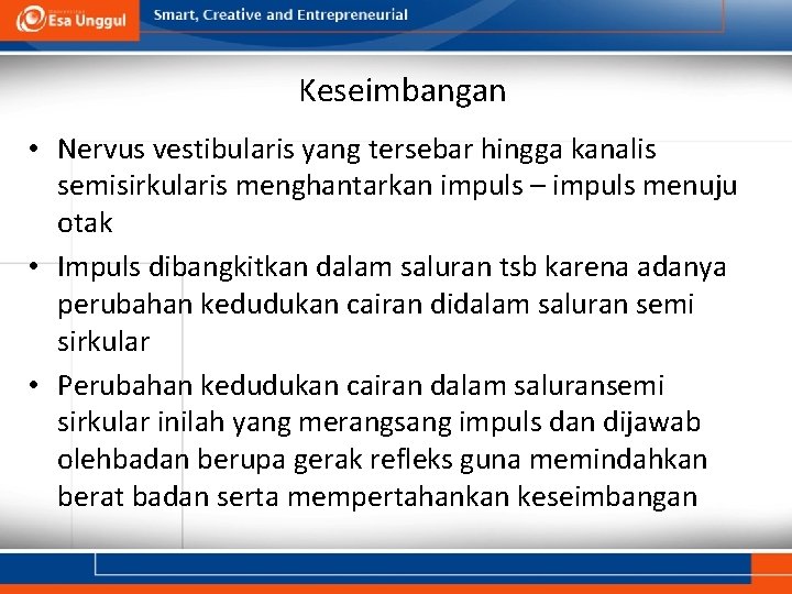 Keseimbangan • Nervus vestibularis yang tersebar hingga kanalis semisirkularis menghantarkan impuls – impuls menuju