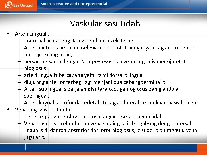 Vaskularisasi Lidah • Arteri Lingualis – merupakan cabang dari arteri karotis eksterna. – Arteri