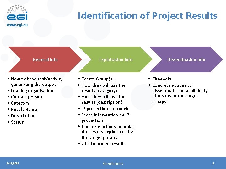 Identification of Project Results General info • Name of the task/activity generating the output