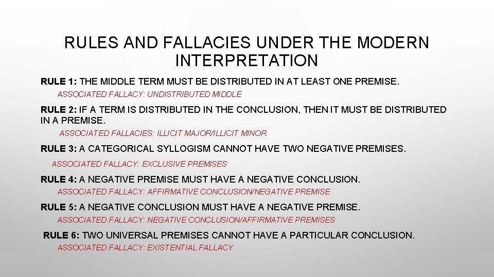 RULES AND FALLACIES UNDER THE MODERN INTERPRETATION RULE 1: THE MIDDLE TERM MUST BE