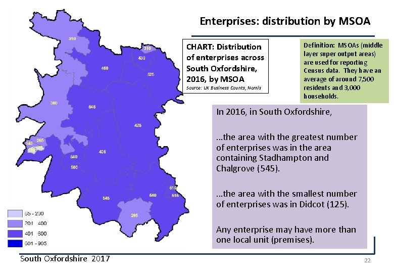 Enterprises: distribution by MSOA CHART: Distribution of enterprises across South Oxfordshire, 2016, by MSOA