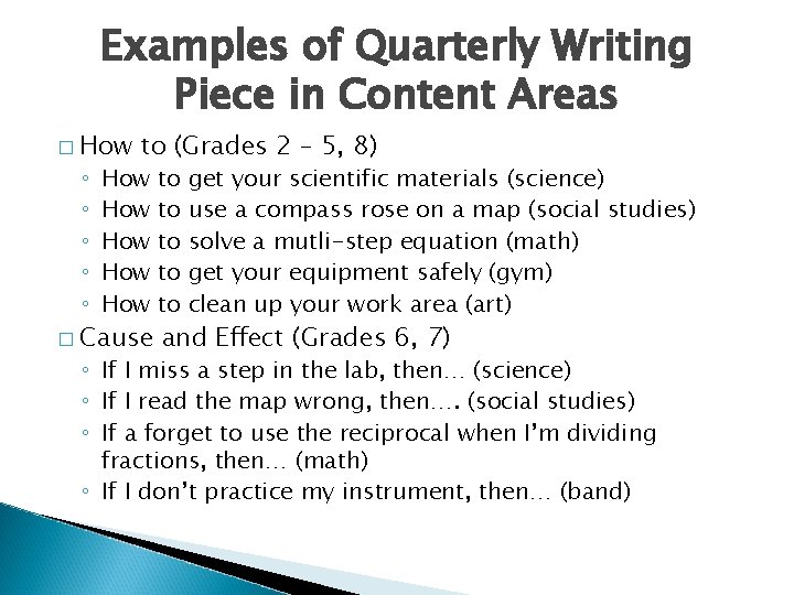 Examples of Quarterly Writing Piece in Content Areas � How ◦ ◦ ◦ to