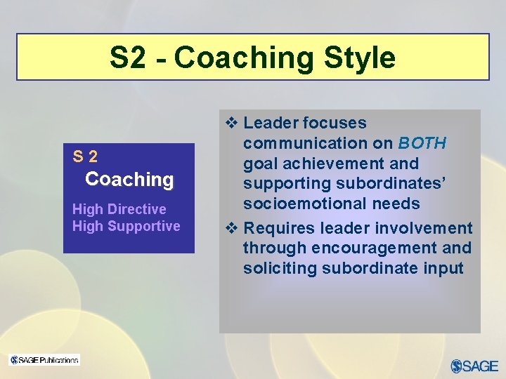 S 2 - Coaching Style S 2 Coaching High Directive High Supportive v Leader