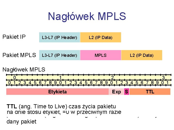 Nagłówek MPLS Pakiet IP L 3 -L 7 (IP Header) L 2 (IP Data)