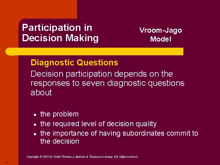 Participation in Decision Making Vroom-Jago Model ÖDiagnostic ü Questions Decision participation depends on the