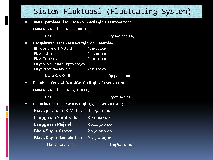 Sistem Fluktuasi (Fluctuating System) Jurnal pembentukan Dana Kas Kecil Tgl 1 Desember 2009 Dana