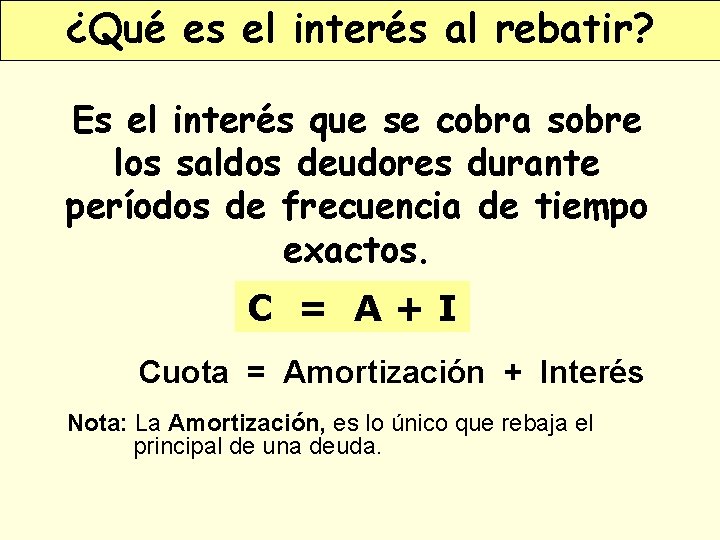 ¿Qué es el interés al rebatir? MATEMATICAS FINANCIERAS Es el interés que se cobra