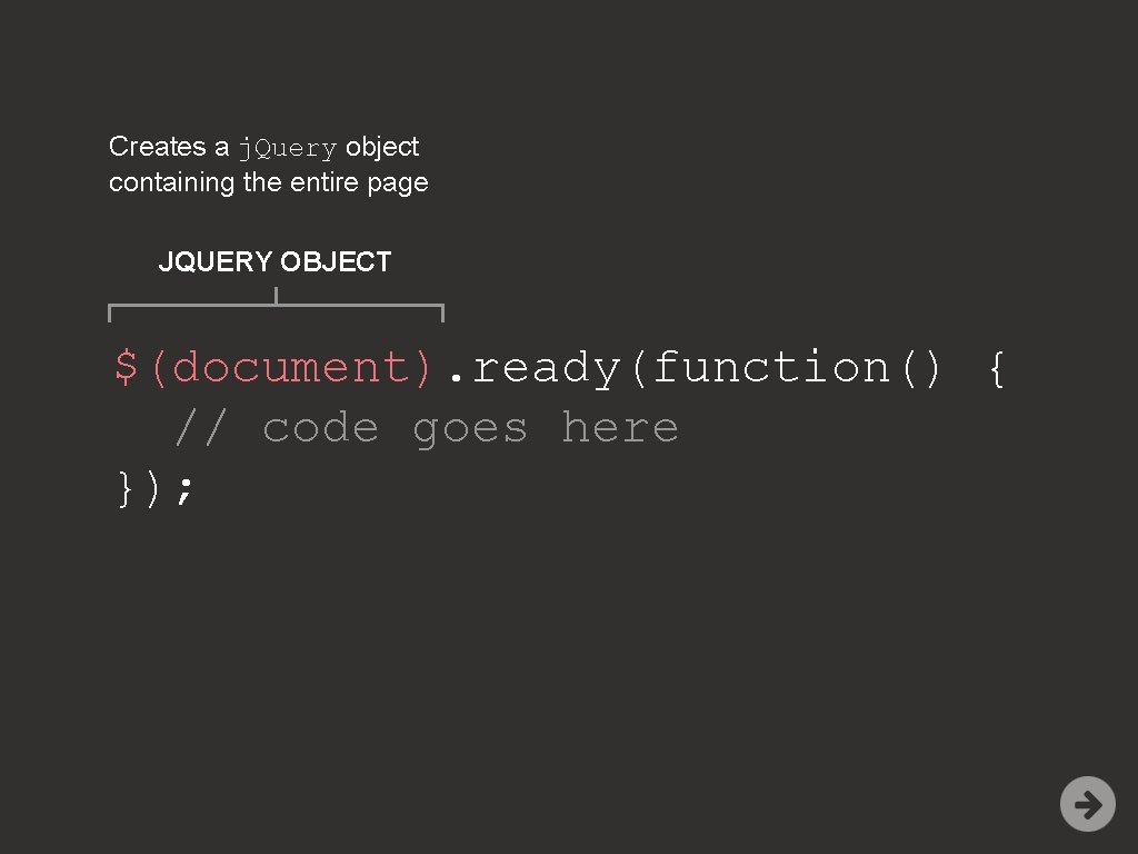 Creates a j. Query object containing the entire page JQUERY OBJECT $(document). ready(function() {