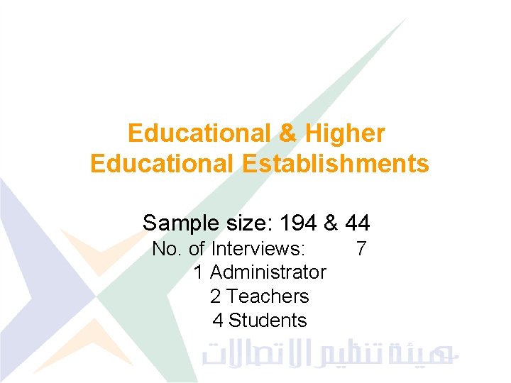 Educational & Higher Educational Establishments Sample size: 194 & 44 No. of Interviews: 1
