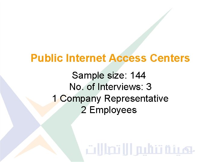Public Internet Access Centers Sample size: 144 No. of Interviews: 3 1 Company Representative