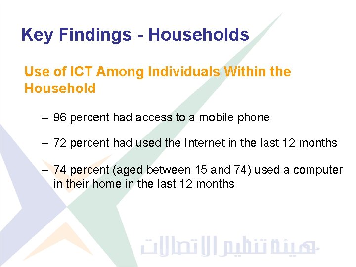 Key Findings - Households Use of ICT Among Individuals Within the Household – 96