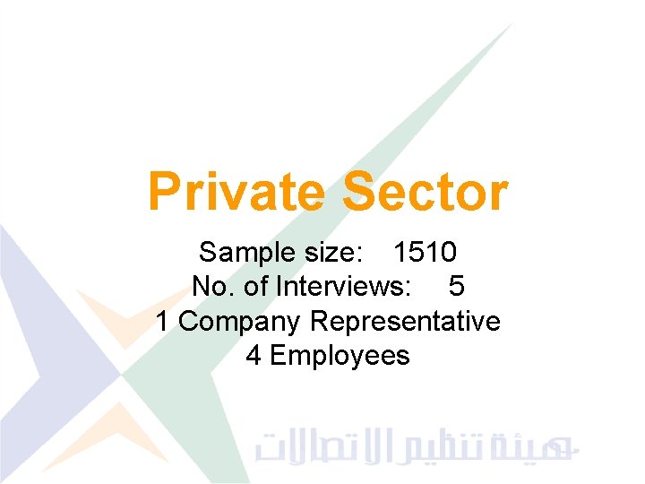 Private Sector Sample size: 1510 No. of Interviews: 5 1 Company Representative 4 Employees