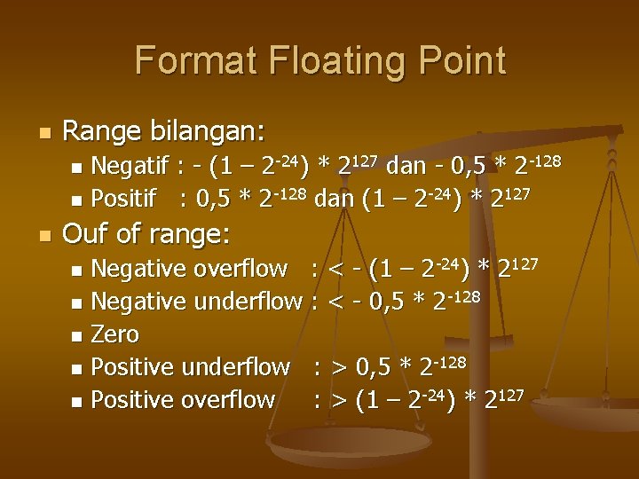 Format Floating Point n Range bilangan: Negatif : - (1 – 2 -24) *