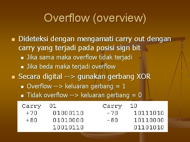 Overflow (overview) n Dideteksi dengan mengamati carry out dengan carry yang terjadi pada posisi