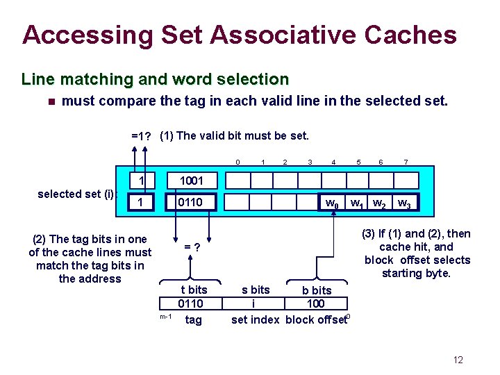 Accessing Set Associative Caches Line matching and word selection n must compare the tag