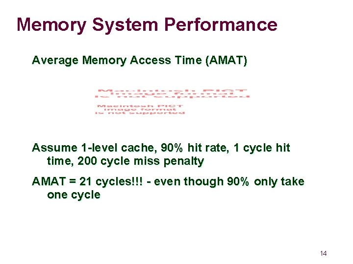Memory System Performance Average Memory Access Time (AMAT) Assume 1 -level cache, 90% hit