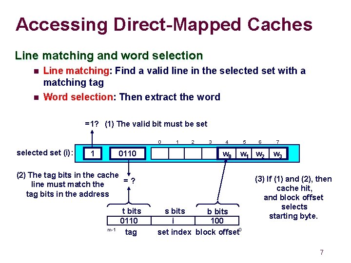Accessing Direct-Mapped Caches Line matching and word selection n n Line matching: Find a