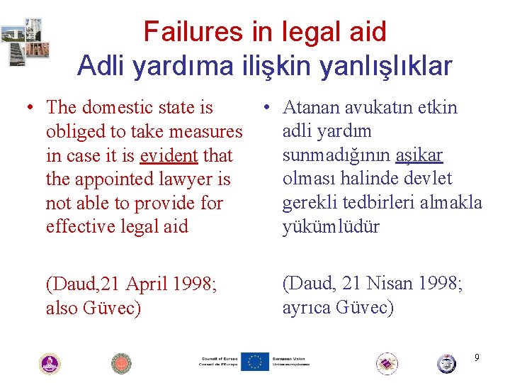 Failures in legal aid Adli yardıma ilişkin yanlışlıklar • The domestic state is obliged