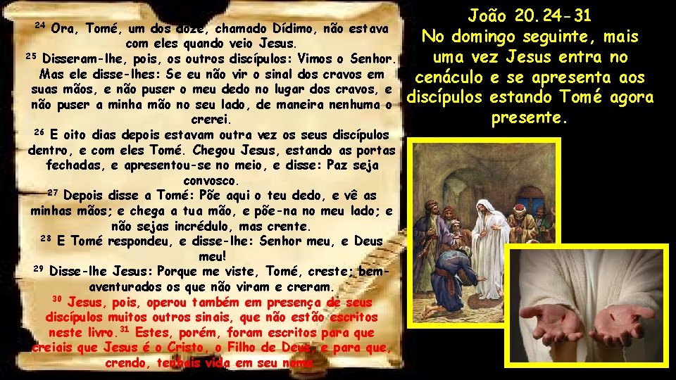 Ora, Tomé, um dos doze, chamado Dídimo, não estava com eles quando veio Jesus.