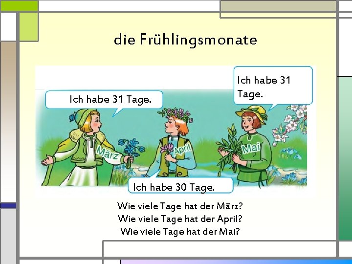 die Frühlingsmonate Ich habe 31 Tage. Ich habe 30 Tage. Wie viele Tage hat