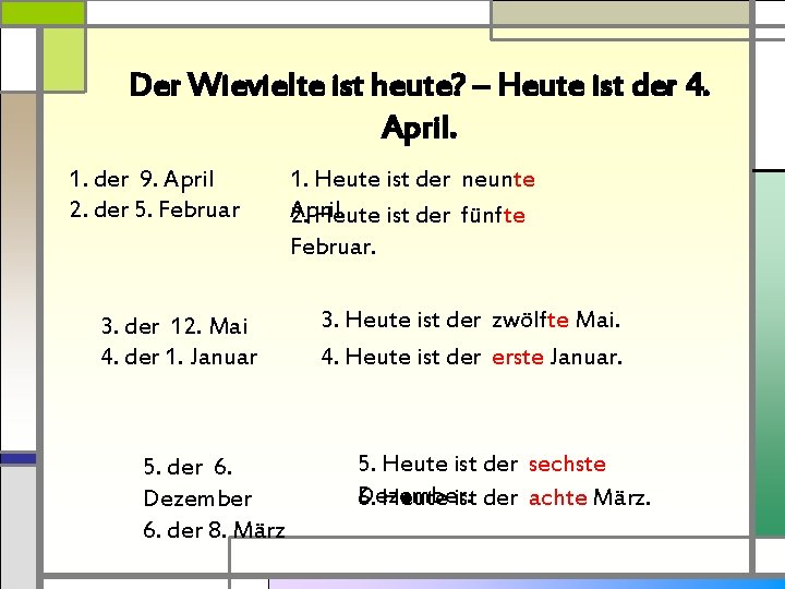 Der Wievielte ist heute? – Heute ist der 4. April. 1. der 9. April