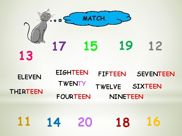 MATCH. 13 ELEVEN THIRTEEN 11 17 15 EIGHTEEN TWENTY FOURTEEN 14 20 19 FIFTEEN