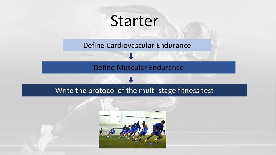 Starter Define Cardiovascular Endurance Define Muscular Endurance Write the protocol of the multi-stage fitness