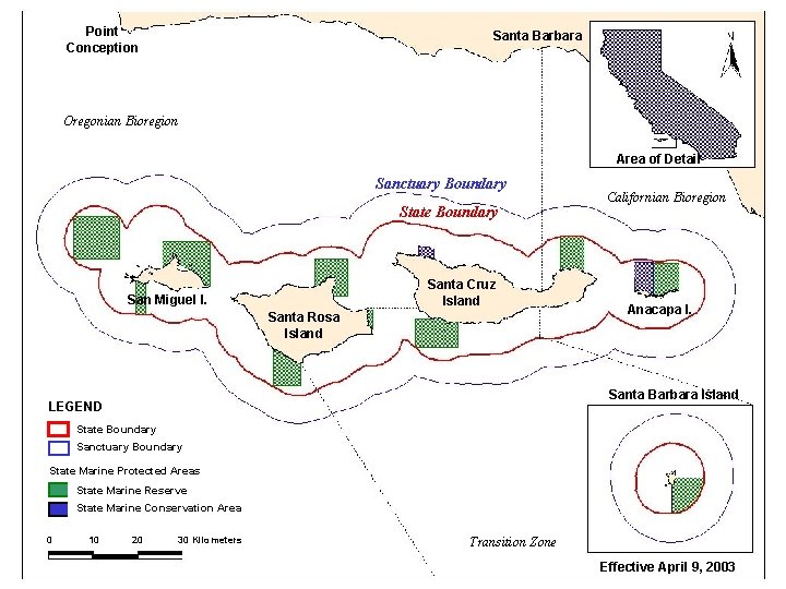 Point Conception Santa Barbara Oregonian Bioregion Area of Detail Sanctuary Boundary State Boundary Santa