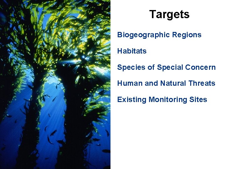 Targets Biogeographic Regions Habitats Species of Special Concern Human and Natural Threats Existing Monitoring