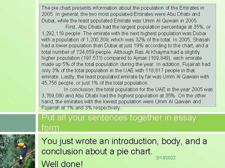 The pie chart presents information about the population of the Emirates in 2005. In