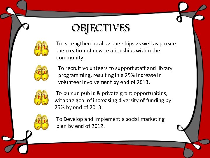OBJECTIVES To strengthen local partnerships as well as pursue the creation of new relationships