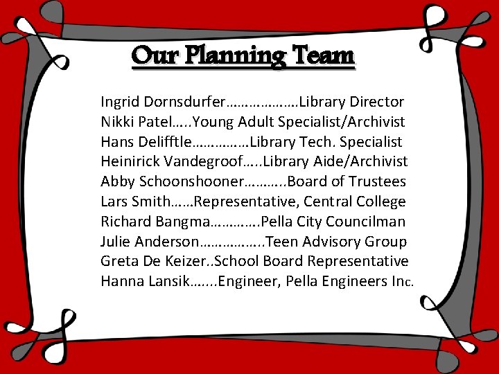 Our Planning Team Ingrid Dornsdurfer………………. Library Director Nikki Patel…. . Young Adult Specialist/Archivist Hans