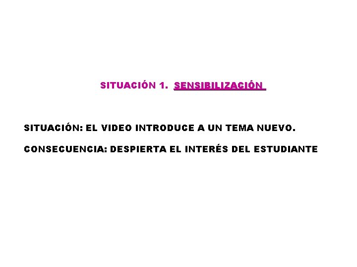 SITUACIÓN 1. SENSIBILIZACIÓN SITUACIÓN: EL VIDEO INTRODUCE A UN TEMA NUEVO. CONSECUENCIA: DESPIERTA EL