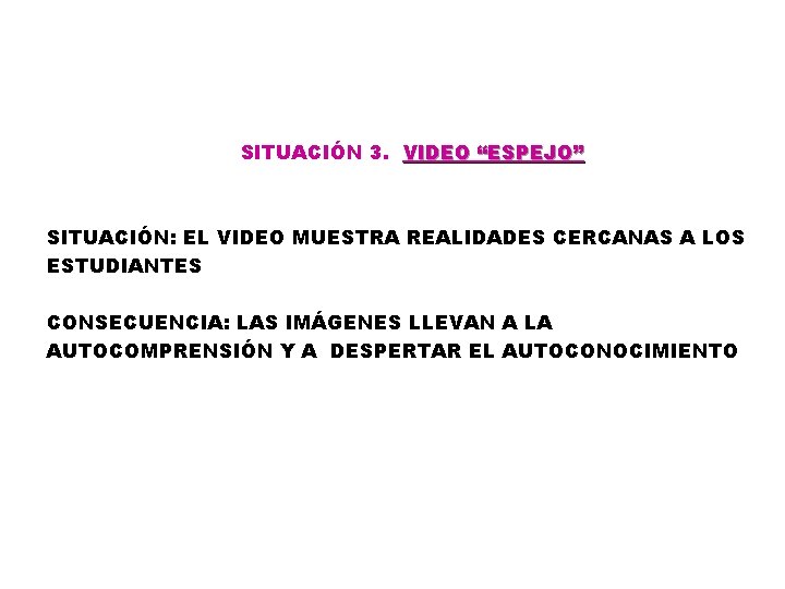 SITUACIÓN 3. VIDEO “ESPEJO” SITUACIÓN: EL VIDEO MUESTRA REALIDADES CERCANAS A LOS ESTUDIANTES CONSECUENCIA: