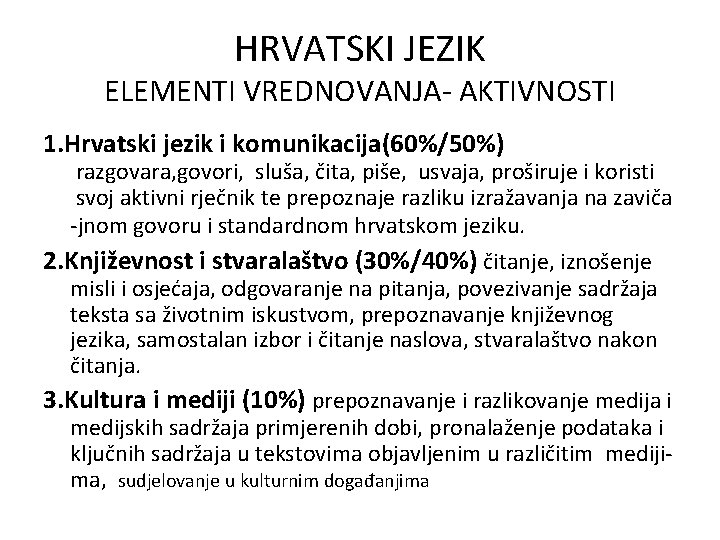 HRVATSKI JEZIK ELEMENTI VREDNOVANJA- AKTIVNOSTI 1. Hrvatski jezik i komunikacija(60%/50%) razgovara, govori, sluša, čita,