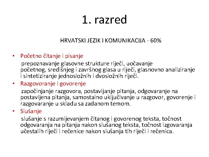 1. razred HRVATSKI JEZIK I KOMUNIKACIJA - 60% • Početno čitanje i pisanje prepoznavanje