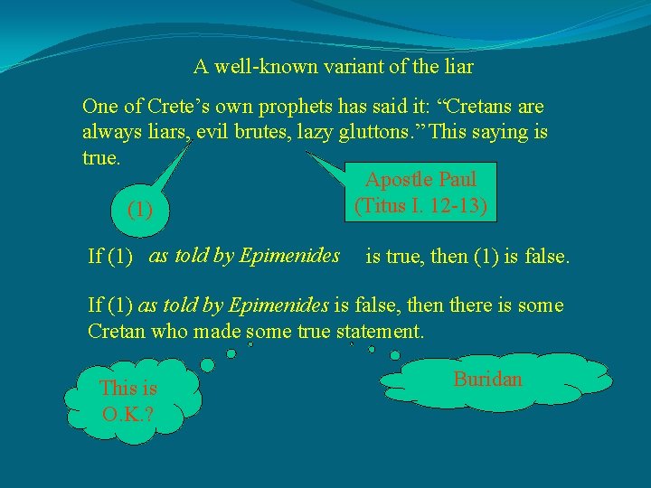 A well-known variant of the liar One of Crete’s own prophets has said it: