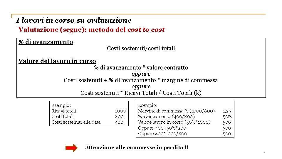 I lavori in corso su ordinazione Valutazione (segue): metodo del cost to cost %