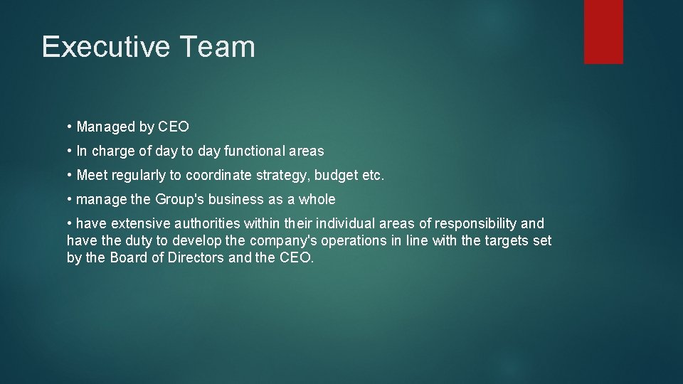 Executive Team • Managed by CEO • In charge of day to day functional Executive Team • Managed by CEO • In charge of day to day functional