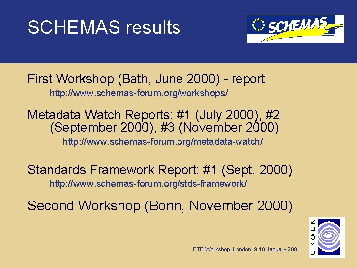 SCHEMAS results First Workshop (Bath, June 2000) - report http: //www. schemas-forum. org/workshops/ Metadata