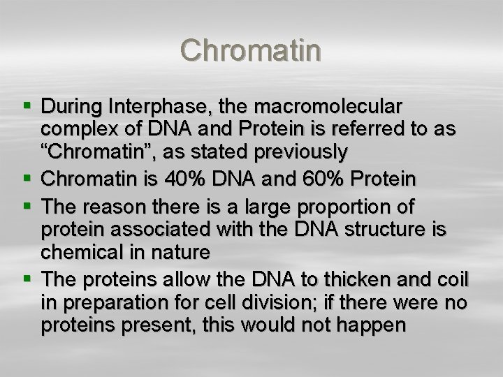 Chromatin § During Interphase, the macromolecular complex of DNA and Protein is referred to