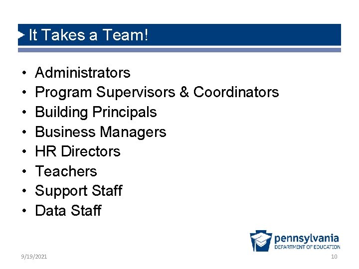 It Takes a Team! • • Administrators Program Supervisors & Coordinators Building Principals Business