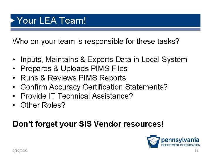 Your LEA Team! Who on your team is responsible for these tasks? • •