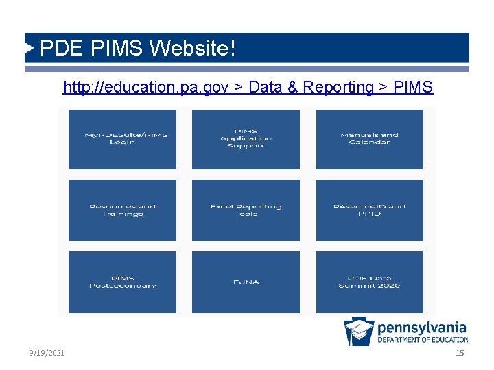 PDE PIMS Website! http: //education. pa. gov > Data & Reporting > PIMS 9/19/2021