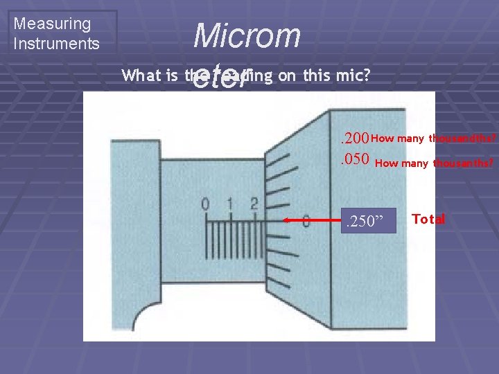 Measuring Instruments Microm What is the reading on this mic? eter. 200 How many