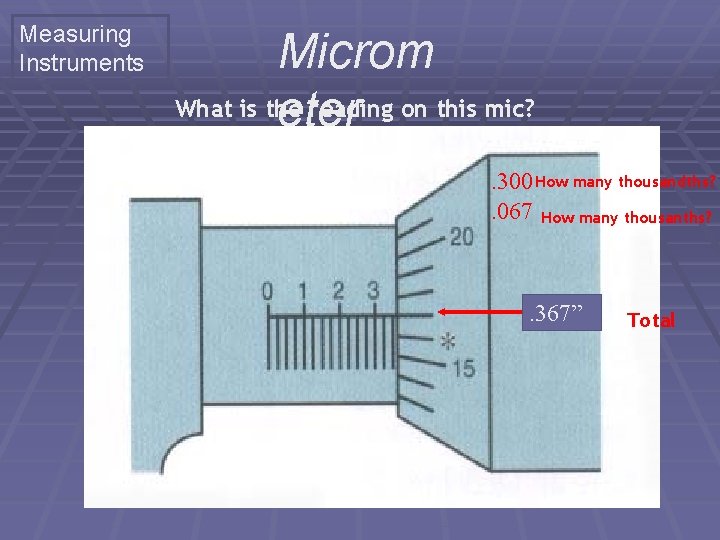 Measuring Instruments Microm What is the reading on this mic? eter. 300 How many