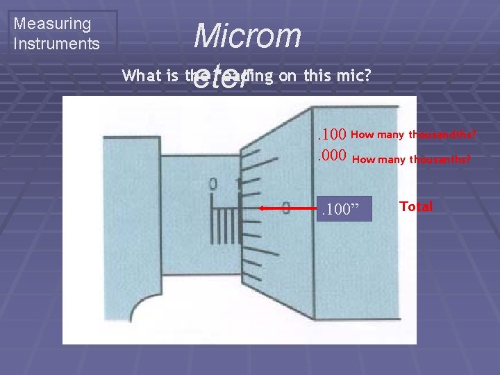 Measuring Instruments Microm What is the reading on this mic? eter. 100 How many