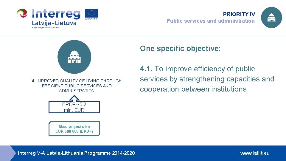 PRIORITY IV Public services and administration One specific objective: 4. IMPROVED QUALITY OF LIVING